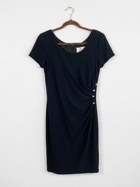 Vintage Francais by Huey Waltzer Black Ruched Sheath Dress Rhinestone Accent 12